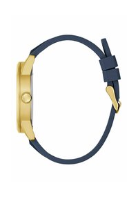 Goldfarbene Uhr mit rundem Zifferblatt, navy-blauem Silikonarmband und strukturiertem Kronenverschluss. Verfügt über einen seitlichen Verschluss für eine sichere Schließe.