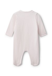Pijama de manga larga en rosa claro, hecho de algodón suave, con un escote redondo y diseño con pies, de textura suave y sin estampados visibles.