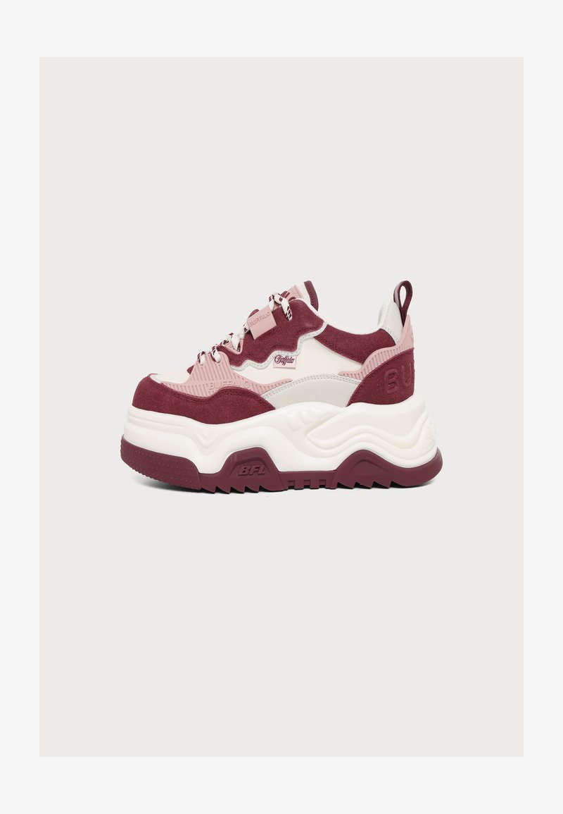 Chunky sneaker with thick white sole and burgundy and pink suede and leather upper, lace-up closure, and branded details on side and back.