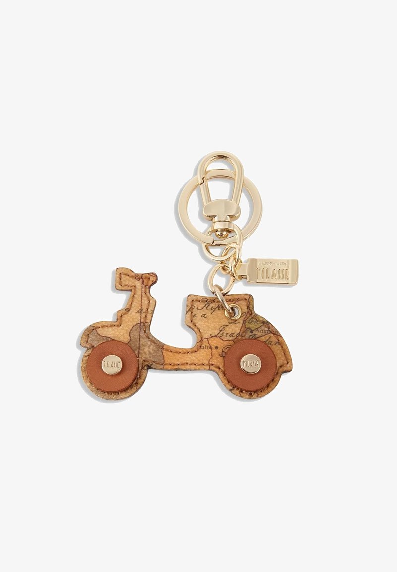 Portachiavi a forma di scooter, realizzato in pelle stampata con un design cartografico, caratterizzato da accessori in dorato e due ruote in gomma marrone.