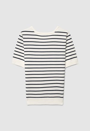 Baumwoll-T-Shirt mit horizontalen marineblauen Streifen auf cremefarbenem Hintergrund, mit kurzen Ärmeln und rundem Ausschnitt.