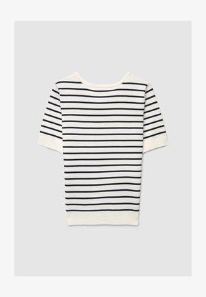 Baumwoll-T-Shirt mit horizontalen marineblauen Streifen auf cremefarbenem Hintergrund, mit kurzen Ärmeln und rundem Ausschnitt.