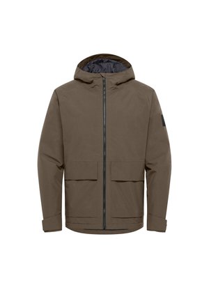 Bruine waterdichte jas met een capuchon, een voorrits en twee grote voorzakken. Heeft een soepele, matte textuur en een zwart accent.
