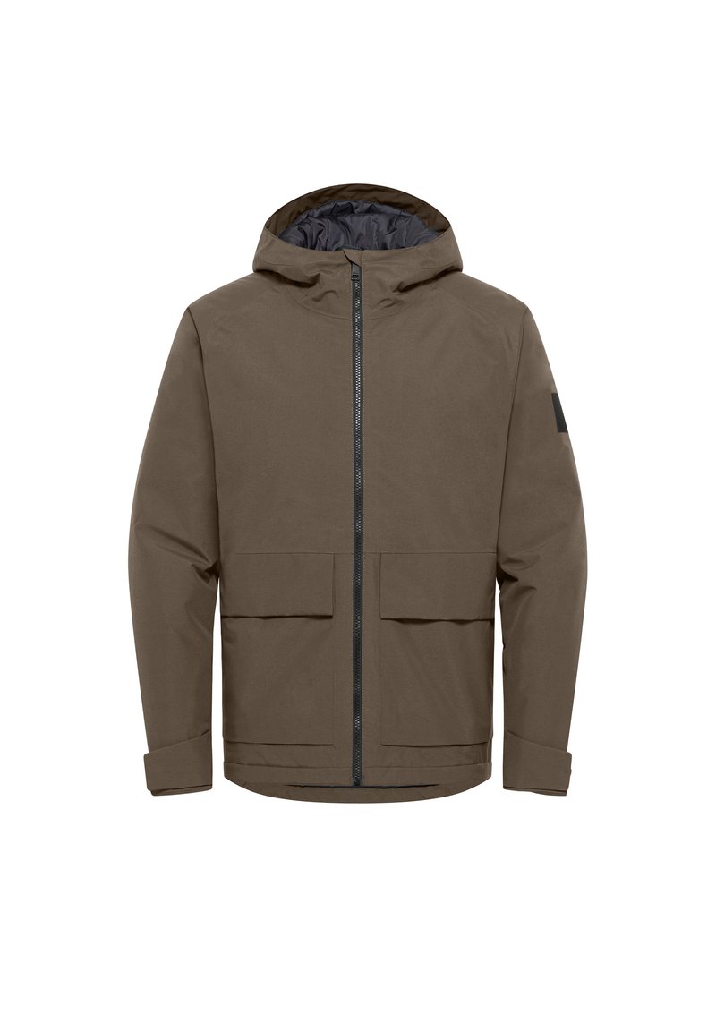 Braune wasserdichte Jacke mit Kapuze, Frontreißverschluss und zwei großen Fronttaschen. Verfügt über eine glatte, matte Textur und einen schwarzen Akzent.