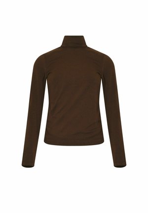 Hnedý pulóver s dlhými rukávmi a vysokým golierom, so priliehavým strihom a jemnou textúrou, bezšvové ramená.