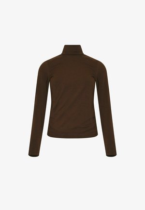 Bruine lange mouwen coltrui met een aansluitend ontwerp en een zachte textuur, voorzien van een hoge kraag en naadloze schouders.