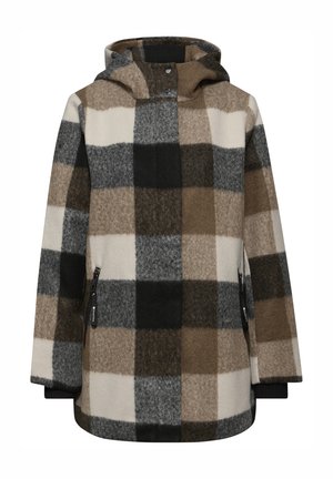 Fleece jas met een groot ruitpatroon in grijs, zwart, crème en bruin. Voorzien van een capuchon en met rits afsluitbare zijzakken.