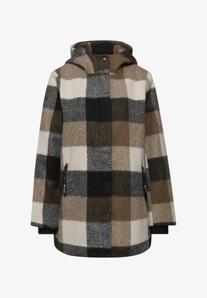 Fleecejakke med stort ternet mønster i grå, sort, creme og brun farve. Inklusive hætte og lynlåslommer på siden.