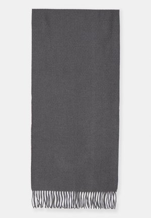 Écharpe rectangulaire gris foncé avec une texture douce et des extrémités à franges, présentée à plat sur un fond blanc.