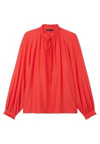 Röd blus med puffärm och volangkrage samt knytning. Tillverkad av lättviktig tyg, med lös passform och rynkade ärmslut.