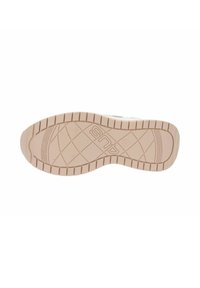 Semelle de chaussure en caoutchouc beige clair avec un motif texturé et des rainures pour l'adhérence, arborant le logo de la marque imprimé sur le côté.
