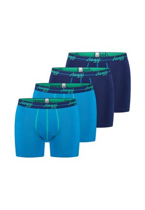 Four pairs of men's boxer briefs in two shades of blue with navy green elastic waistbands branded "Sloggi."