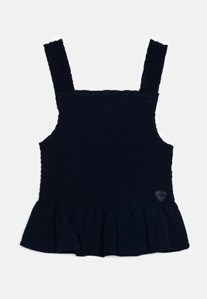 Donkerblauw gerimpeld tanktopje met brede bandjes, een uitlopende zoom en een hartvormige logo-accent. Zachte stof met een getextureerde afwerking.