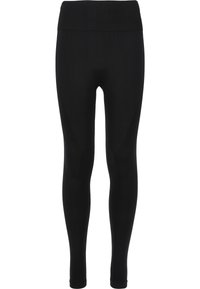 Svarta leggings med ett hög elastiskt midjeband, med texturerade sidopaneler och en slät finish, designade för komfort och flexibilitet.
