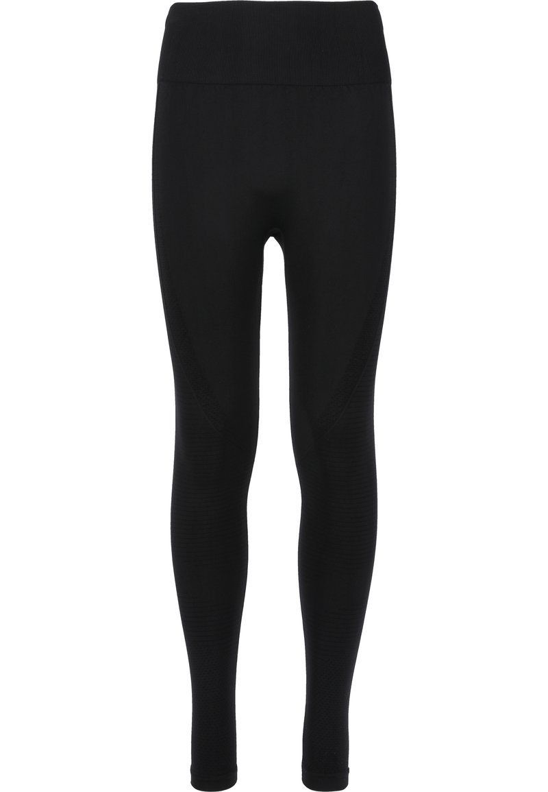 Zwarte leggings met een hoge elastische tailleband, voorzien van gestructureerde zijpanelen en een gladde afwerking, ontworpen voor comfort en flexibiliteit.