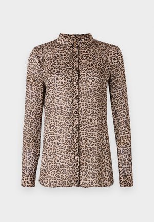 Leopardmønstret skjorte med knapper og lange ærmer, lavet af letvægtsstof, med krave og lyserøde knapper foran.