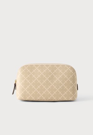 Béžové vrecko na zips s mriežkovaným vzorom, textúrovaný syntetický materiál, zaoblený tvar a kontrastný tmavý ťahák na zips.