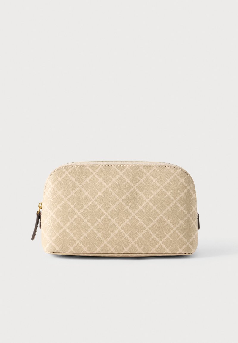 Μπεζ θήκη με φερμουάρ, σχέδιο με σταυρωτές γραμμές, υφή από συνθετικό υλικό, στρογγυλεμένο σχήμα και αντίθετο σκουρόχρωμο τράβηγμα φερμουάρ.
