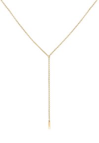 Guld kædelykke med Y-drop design. Har en tynd, delikat kæde og et længere segment der ender i en flad rektangulær stang.