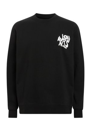 Sweat-shirt noir en coton avec col rond, arborant un logo graphique blanc sur la poitrine gauche. Manches longues et poignets côtelés.