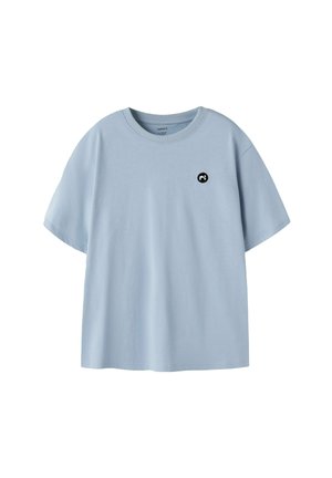 Light blue short-sleeve T-shirt with round neckline and small black and white logo on left chest, displayed on white background.