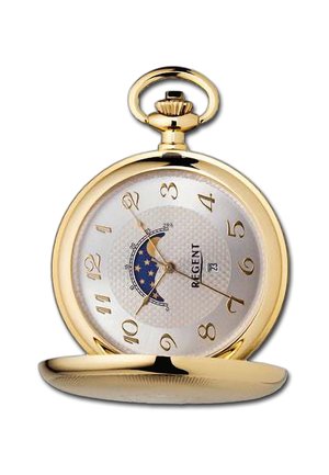 Gold-toned pocket watch with a textured silver dial, blue moon phase detail, Arabic numerals, and a crown top for winding.