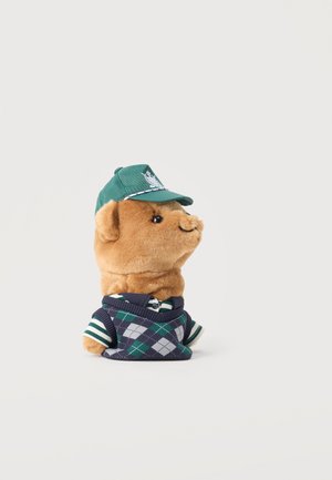 Plüschhund mit grüner Mütze und einem blau-grünen Rautenmuster-Pullunder sowie einem gestreiften Hemd darunter, nach rechts blickend vor weißem Hintergrund.