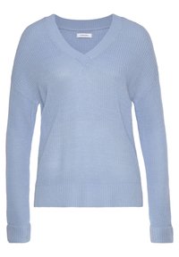 Helles blaues Strickpullover mit V-Ausschnitt, gerippten Bündchen und Saum. Hat eine lockere Passform und texturierten Stoff.