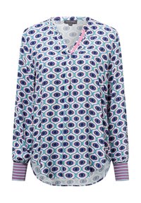 Camicia con bottoni in tessuto leggero, caratterizzata da un motivo geometrico di ovali blu, rosa e bianchi, con polsini a righe e scollatura a V.