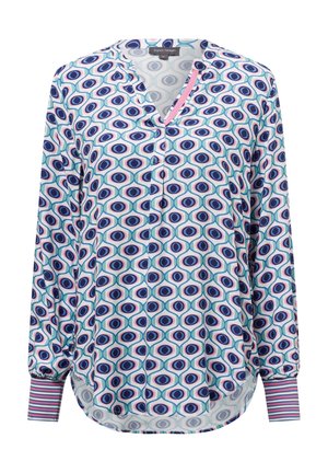 Leichte Button-up-Bluse aus einem leichten Stoff mit einem geometrischen Muster aus Ovalen in Blau, Pink und Weiß, mit gestreiften Bündchen und einem V-Ausschnitt.