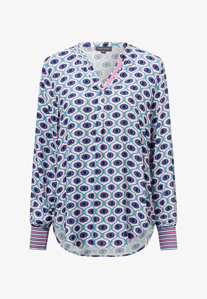 Camicia con bottoni in tessuto leggero, caratterizzata da un motivo geometrico di ovali blu, rosa e bianchi, con polsini a righe e scollatura a V.