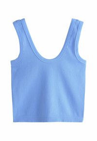 Light blue ribbed tank top with wide straps, scoop neckline, and a smooth texture, designed for casual wear.
