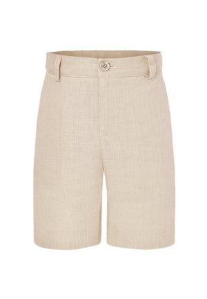 Shorts en lin beige avec une fermeture par bouton, des passants pour ceinture et une coupe droite au-dessus du genou.