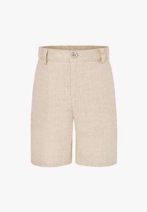 Shorts en lin beige avec une fermeture par bouton, des passants pour ceinture et une coupe droite au-dessus du genou.