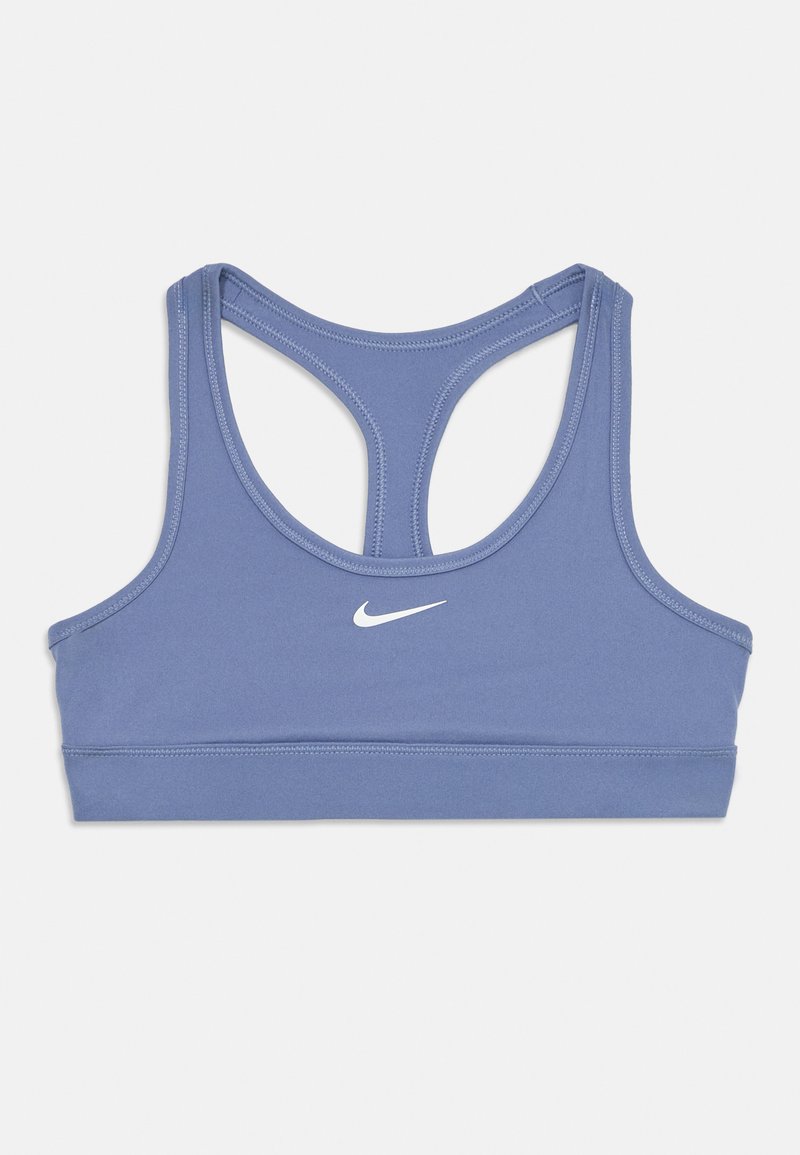 Sujetador deportivo azul con tirantes tipo racerback y el logo de Nike en blanco centrado en la banda frontal.
