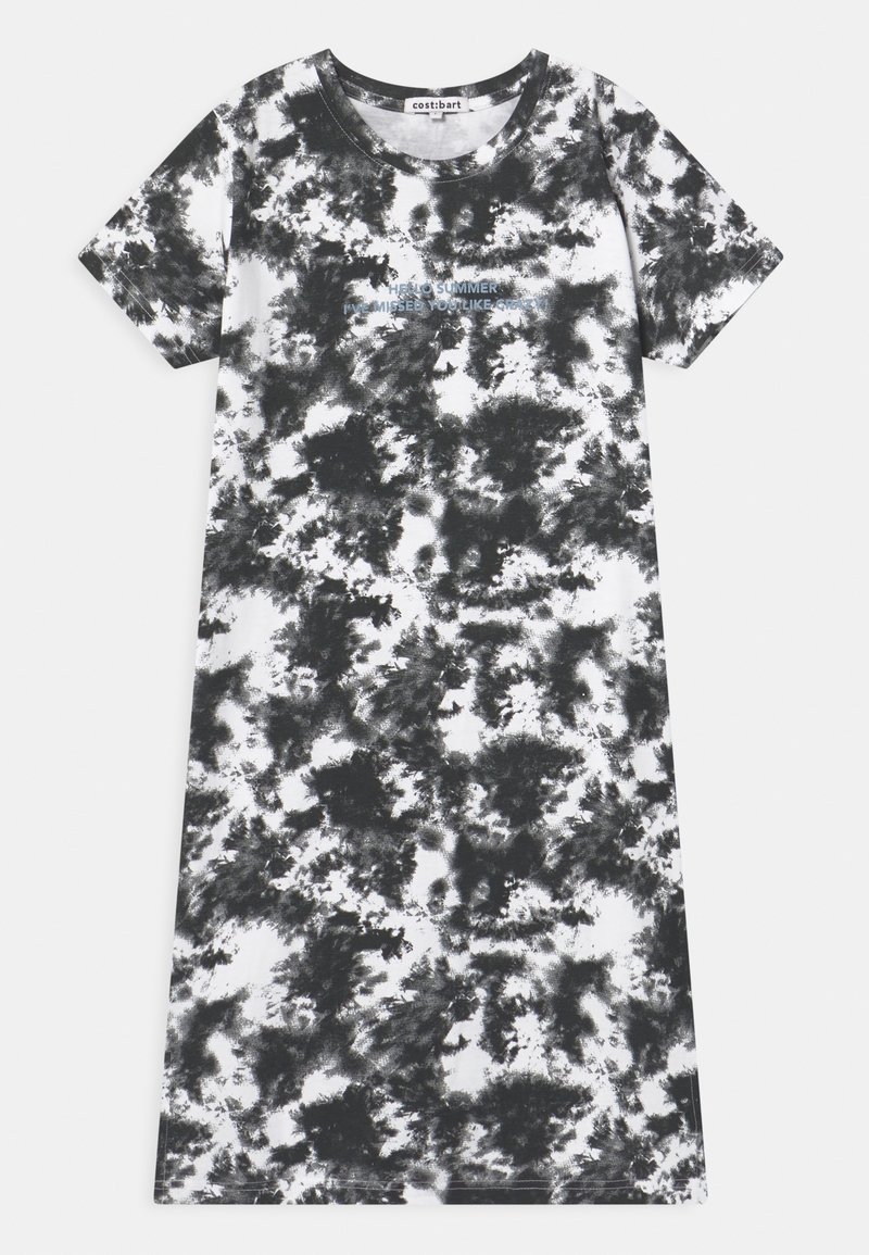 Robe à manches courtes tie-dye noire et blanche avec un col rond et un petit texte centré indiquant "BONJOUR ÉTÉ TU M'AS MANQUÉ FOU."
