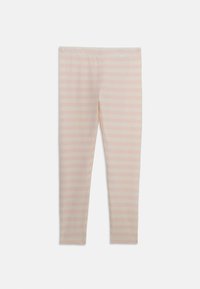 Ljusrosa leggings gjorda av mjukt tyg med horisontella vita ränder. Elastisk midja, slim-fit design och ingen synlig hårdvara.