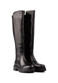 Black leather knee-high boots with a smooth finish, features a side zipper, sturdy black rubber sole, and round toe design.