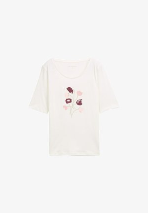 Witte korte mouwen t-shirt met een ronde halslijn en bloemenprint in tinten van roze en donkerpaars op de voorkant. Soepele stoftextuur.