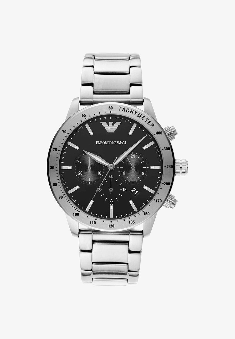 Orologio da polso Emporio Armani tachimetro argento con quadrante nero, tre quadranti secondari, datario e bracciale in acciaio inox.