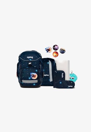Dark blue star-patterned school backpack set with matching pencil case, folder, large zippered pouch, and space-themed decorative magnets.