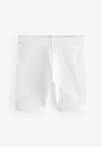 Shorts en coton blanc avec une taille élastique mi-haute et une texture lisse, présentant un design simple et sans embellissement, sans poches.