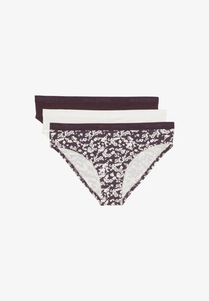 Three pairs of women's panties: dark purple floral print, solid white, and dark brown. Soft material with a comfortable waistband.
