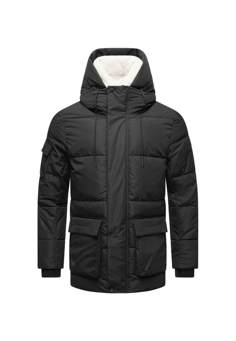 Giacca nera imbottita con colletto alto, cappuccio foderato in pelliccia, due tasche frontali e polsini elasticizzati. Presenta una texture liscia e opaca.