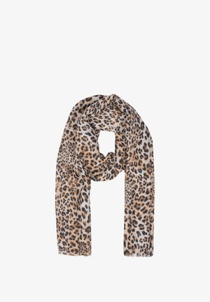 Écharpe en imprimé léopard dans des tons beige clair et marron, en tissu doux, de forme rectangulaire, avec des bords effilochés subtils et un motif texturé.