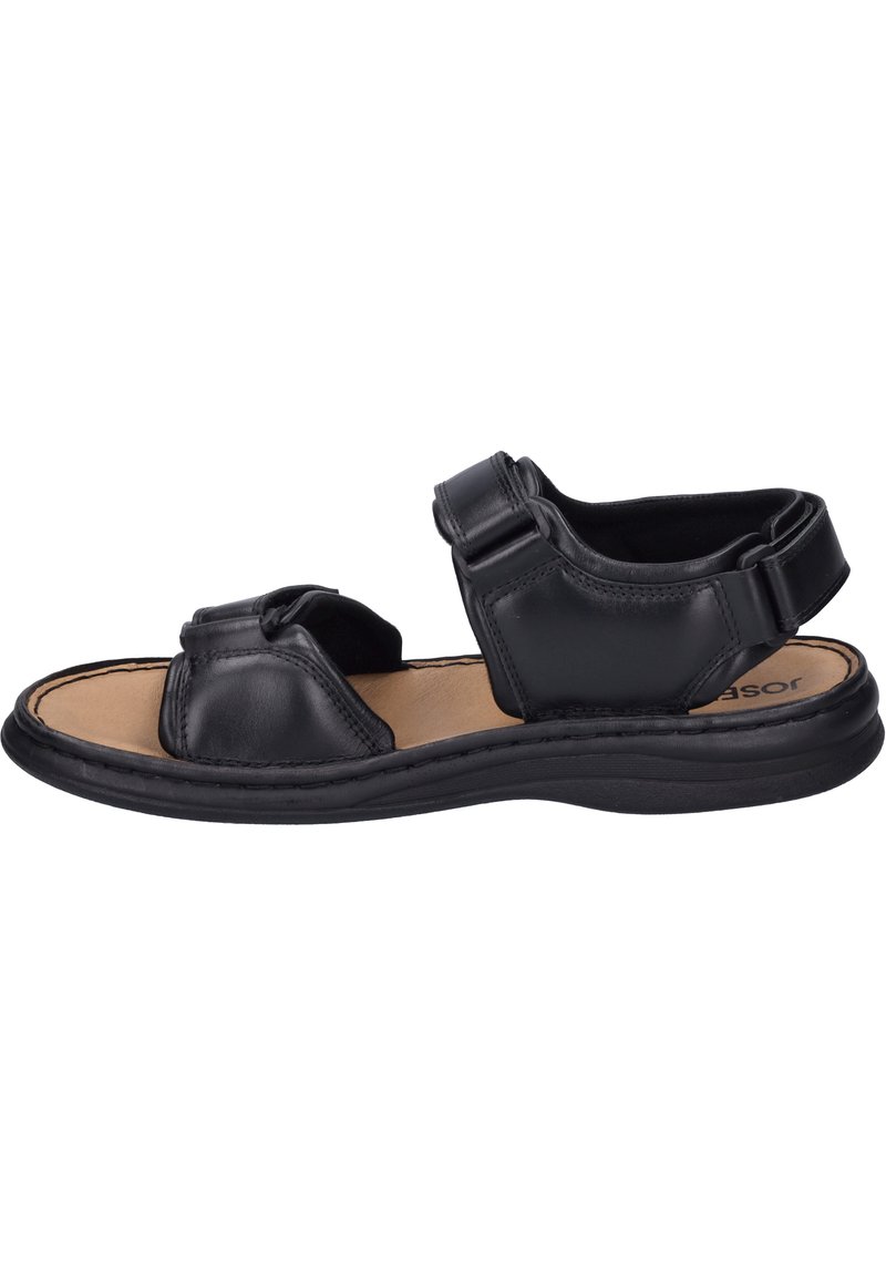 Sandalo in pelle nera con due fasce larghe, design aperto sulla punta, soletta imbottita e suola in gomma flessibile. Presenta fibbie regolabili.