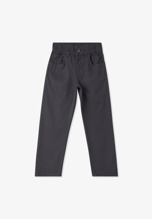 Szare spodnie z mieszanki bawełny z elastycznym pasem, o prostych nogawkach i dwoma przednimi kieszeniami. Gładka faktura, bez zdobień.