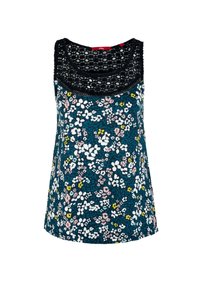 Haut sans manches bleu marine avec motif floral multicolore et empiècement en dentelle noire au niveau du col.