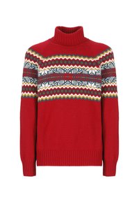 Roter Strickpullover mit hohem Kragen, der eine gemusterte Passe in Blau, Grün und Weiß aufweist. Gerippte Bündchen und Saum, weiche Textur.