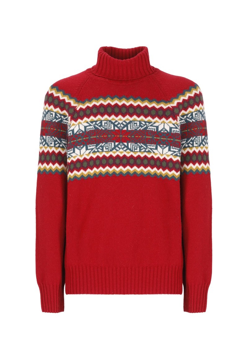 Roter Strickpullover mit hohem Kragen, der eine gemusterte Passe in Blau, Grün und Weiß aufweist. Gerippte Bündchen und Saum, weiche Textur.